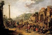 A market in an Italianate harbour with Diogenes in search of an honest man